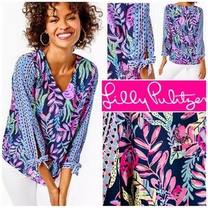 Lilly Pulitzer Pamala Top in Oyster Bay Navy You’ve Been Spotted Size L EUC